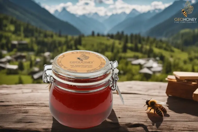 Image of a jar of Sidr Kashmir honey, surrounded by blooming flowers, representing the unique flavours and natural beauty of Kashmir honey.